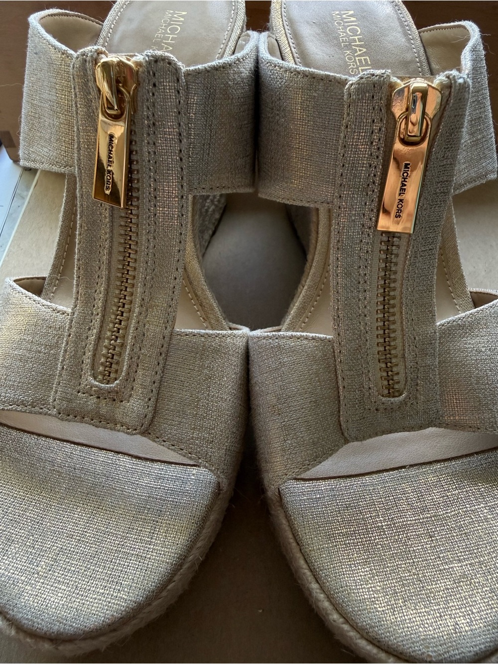 Michael Kors Women's White Gold Wedge Sandals with Gold Zipper